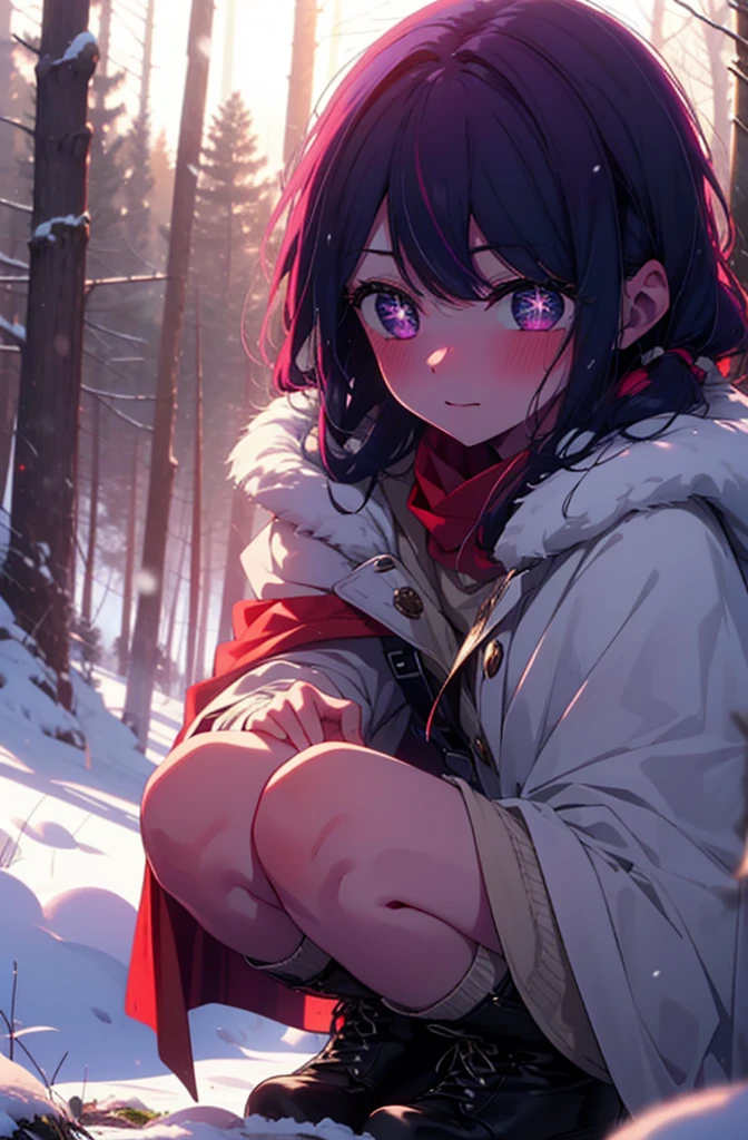 aihoshino, Ai Hoshino, Long Hair, bangs, (Purple eyes:1.1), Purple Hair, (Symbol-shaped pupil:1.5), smile,,smile,blush,White Breath,
Open your mouth,snow,Ground bonfire, Outdoor, boots, snowing, From the side, wood, suitcase, Cape, Blurred, , forest, White handbag, nature, Squat, Mouth closed, Cape, winter, Written boundary depth, Black shoes, red Cape break looking at viewer, Upper Body, whole body, break Outdoor, forest, nature, break (masterpiece:1.2), Highest quality, High resolution, unity 8k wallpaper, (shape:0.8), (Beautiful and beautiful eyes:1.6), Highly detailed face, Perfect lighting, Highly detailed CG, (Perfect hands, Perfect Anatomy),