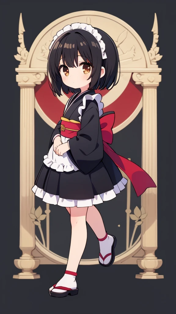 1girl,japanese,chibi,black hair,kimono,short hair,full body,transparent background,Maid costume,looking to the right,brown eyes