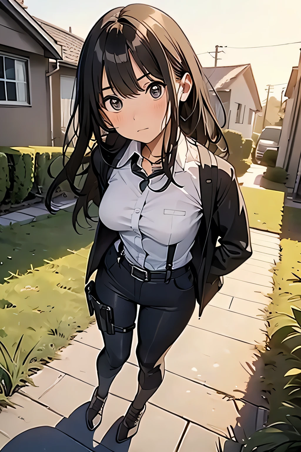 high quality, masterpiece, Ultra-high resolution, (realism: 1.4), Oil painting style, Cinema Lighting, An endless grassland dotted with a few houses, I stood on the empty asphalt road and looked at it., Fairy Mountain々was shrouded in mist, And the suspenders with the cranes flying　　　Moderate breasts　 　 　　　　Small face　 　　　holster　　　　　　　 Lying in bed　Looking up　　　　Sweat 　　　belt　summer　脇Sweat 　Black Hole Gloves　suit　shirt　　Black jacket　 Black trousers　Leg Links　ズボンにbelt　　holster　 　　Hands behind your back　 Anxious expression　Looking up　Anxious face