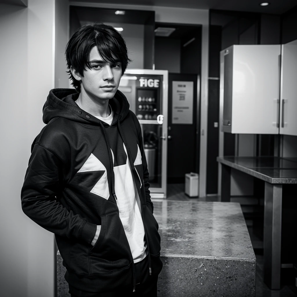 male character, black and white hoodie 