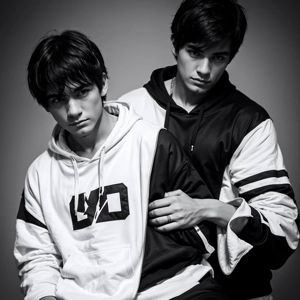 male character, black and white hoodie 