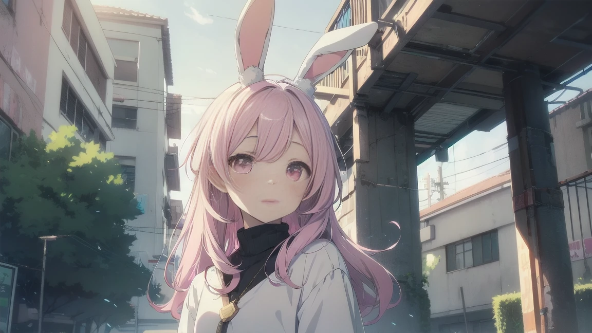 Highest quality, pretty girl, pastel colour, Fluffy bunny ears, Pink long hair,Pale pink eyes,Chill Pop,Lo-Fi