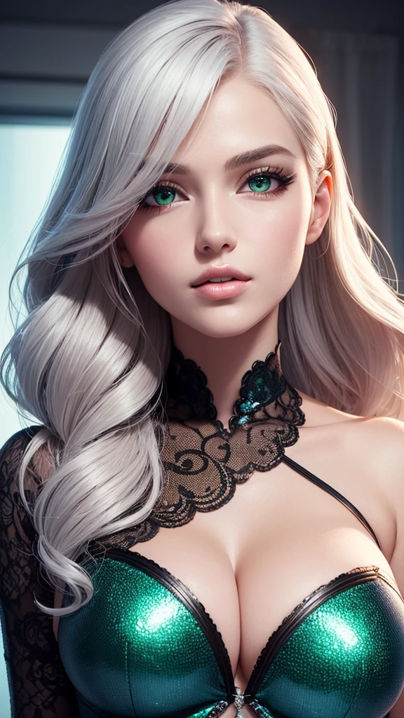 Fantasy woman, curvy woman, Ultra detailed beautiful woman, voluminous breasts, of a 25-year-old woman, Stunningly beautiful, white color hair, wavy long hairstyle, green color eyes, very long eyelashes, Stunningly beautiful face, holographic, ultra detailed illustration, hit definition, Very bold and bright colors, 32K resolution, black dress, Best Quality, voluminous lighting, masterpiece, ultra realistic , High-quality detailing