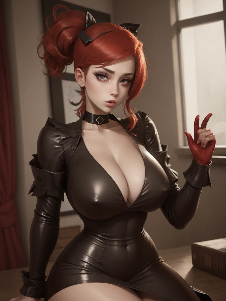 Frankie Foster. red hair, black eyes, red eye make up, cleavage. choker. latex dress. bow. a photo of a face in the vicinity.