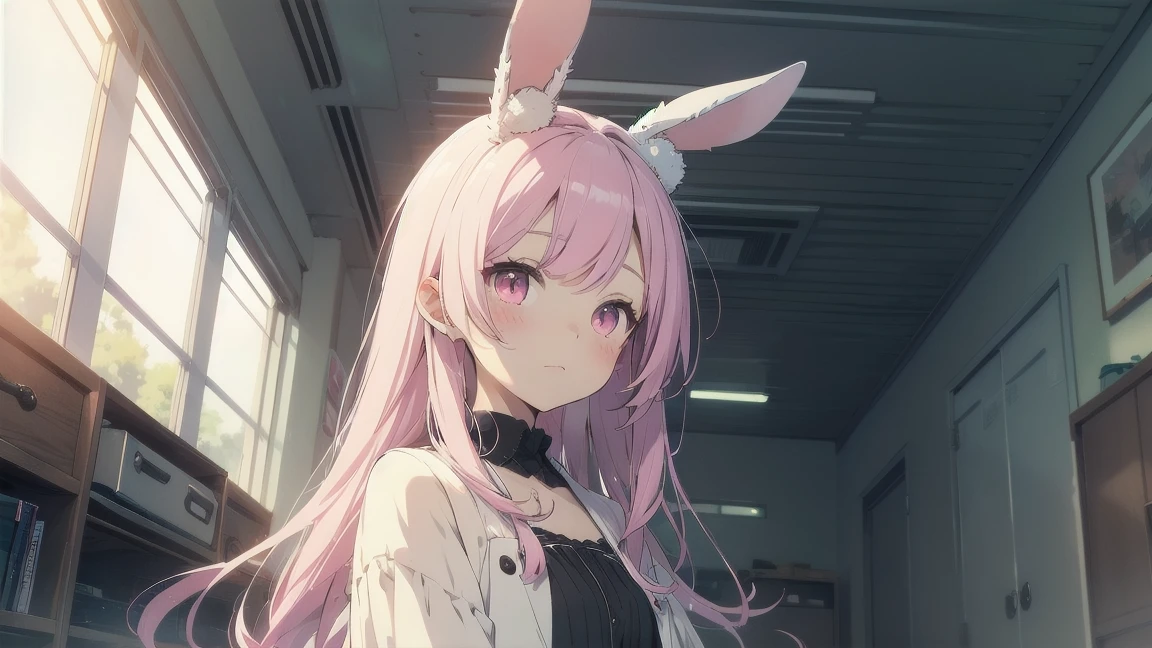 Highest quality, pretty girl, pastel colour, Fluffy bunny ears, Pink long hair,Pale pink eyes,Chill Pop,Lo-Fi