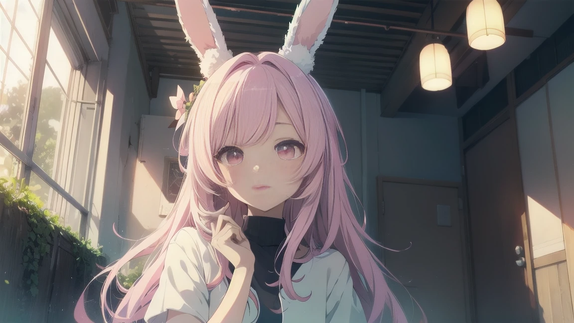 Highest quality, pretty girl, pastel colour, Fluffy bunny ears, Pink long hair,Pale pink eyes,Chill Pop,Lo-Fi
