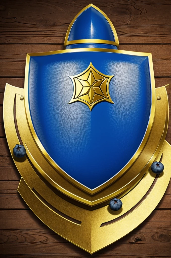Generate an image of the shield of a soccer team called Mora and his friends, where the El Fuerte del escuedo is a blueberry fruit and is a shield that is scary and generates respect and helplessness