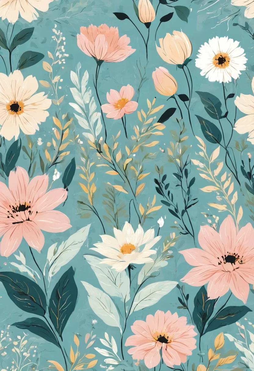 Set pattern of large flowers with plants, defined shape, flat style, vector style, drawing style, naïve style, wallpaper style, in soft pastel colors such as old pink, pastel blue, light blue, beige, pastel yellow. No shadows in the images.