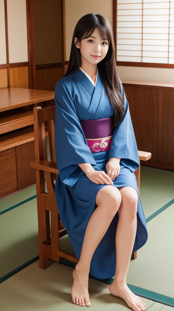 Highest quality, 8K, Representative works in detail, Ultra-high resolution)), whole bodyポートレート、Frontal portrait、indoor、indoor、Japanese women,5、barefoot、Stand up straight、whole body、whole bodyを撮影する、whole bodyの画像、whole bodyポートレート、profile image、coastal、Tatami room、Sitting in a chair、wear Kimono、Long Straight Hair