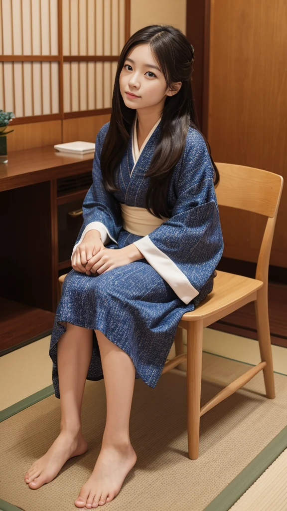 Highest quality, 8K, Representative works in detail, Ultra-high resolution)), whole bodyポートレート、Frontal portrait、indoor、indoor、Japanese women,Age 25、barefoot、Stand up straight、whole body、whole bodyを撮影する、whole bodyの画像、whole bodyポートレート、profile image、coastal、Tatami room、Sitting in a chair、wear Kimono、Long Straight Hair
