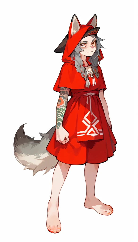 score_9, score_8_up, (clear simple background, white background, papyrus background), ((adult))
(girl:1.2), _young, lagre_breasts , smug face, Serious face expression, whore_makeup, tribal makeup, solo, (Red Riding Hood, female), (wearing wolf hide, grey colored wolf head, wolf head cap:1.35), (fullbody, tattoos, curvey bode, cute face, focus), beautiful,