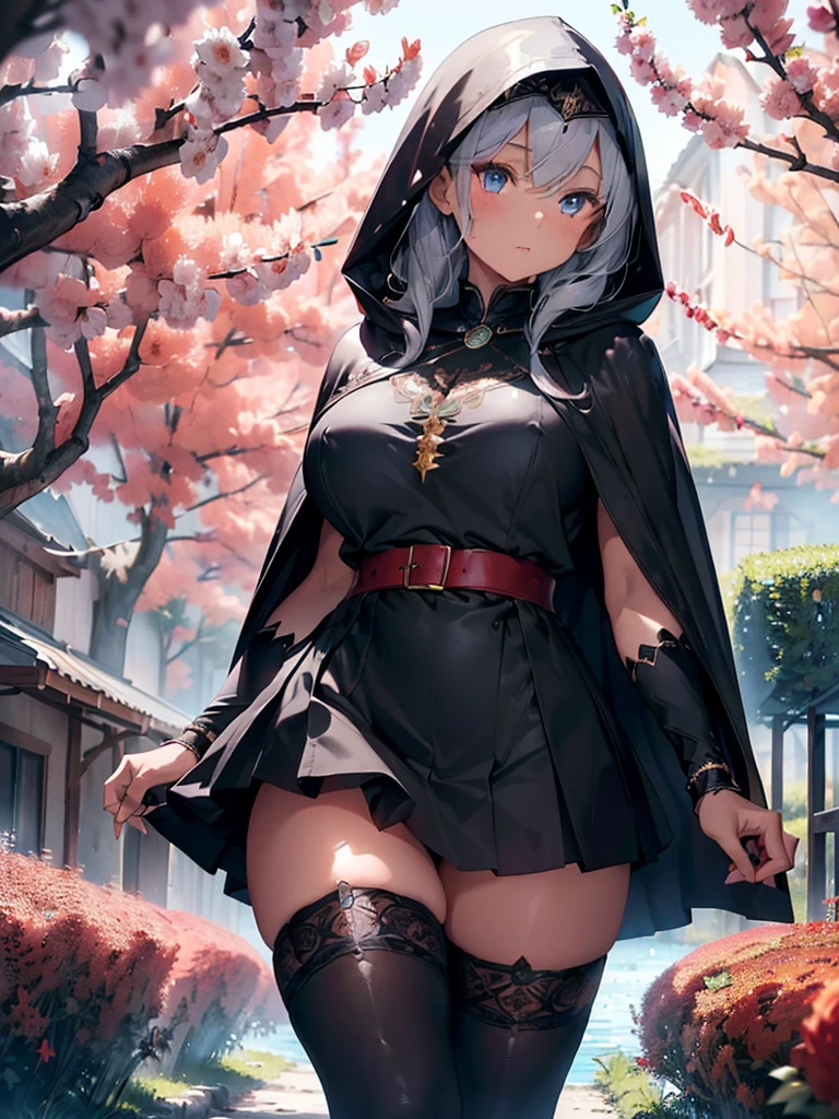 Realistic 3D anime style image of a dark-skinned woman wearing a long black hooded cloak ((covering her head up to her forehead)), ((cape and hood decorated with fine intricate details)), beautiful face, perfect beauty , detailed, symmetrical, two long strands of white hair on each side of the face, ((her blue eyes reflect the light of the stars)),(( beautiful eyes extremely  detailed)), (beautiful lips)( well detailed full lips), perfect body, voluptuous body ,(((large breasts))),(a round silver medallion (with fine intricate details) tied to a silver chain hanging on her chest),(((narrow waist))),(((wide hips))) , (((thick thighs))),(long-sleeved black (neckless) blouse), (qipao collar decorated with fine intricate details), (black gloves with cuffs) (decorated with fine intricate details), (short black skirt with a sash, (in the sash she wears a leather belt from which a silver dagger hangs), long black stockings covering her legs to the middle of her thighs, (black ankle boots with flaps up to the knee), ((decorated with fine intricate details)). walking through a forest of wisteria trees, near a beautiful lake with crystal clear waters on a sunny day ((ground covered in beautiful red flowers)), high quality image,extremely detailed, masterpiece, 8k resolution,