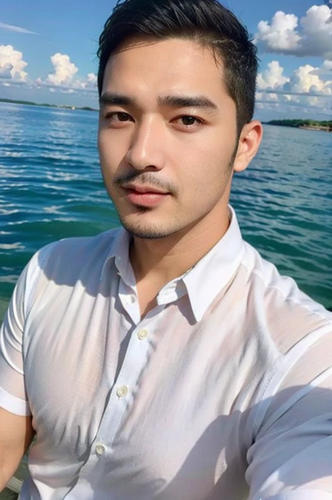 Masterpiece, best quality High resolution, realistic, handsome, beautifully photographed, syahnk SFW, 35 year old portrait. (man: 1.5) Military press, amazing weight, short buzzcut hair, stubby head. , (too much muscle ),look at the viewer,Flirting with the camera,charming (Tight white shirt ),(GS-Masculine:1), 8K UHD , standing in the sea