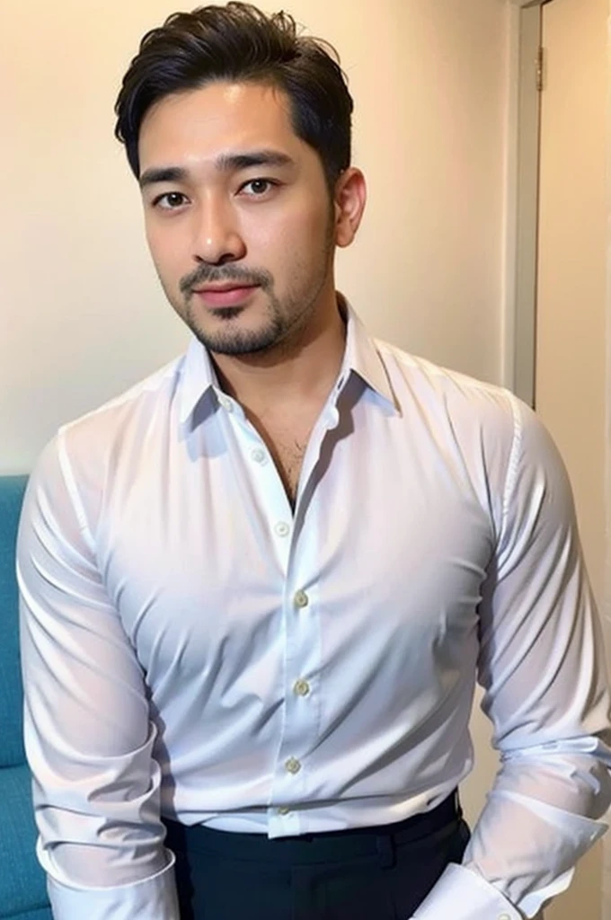 Masterpiece, best quality High resolution, realistic, handsome, beautifully photographed, syahnk SFW, 35 year old portrait. (man: 1.5) Military press, amazing weight, short buzzcut hair, stubby head. , (too much muscle ),look at the viewer,Flirting with the camera,charming (Tight white shirt ),(GS-Masculine:1), 8K  UHD , standing in the sea