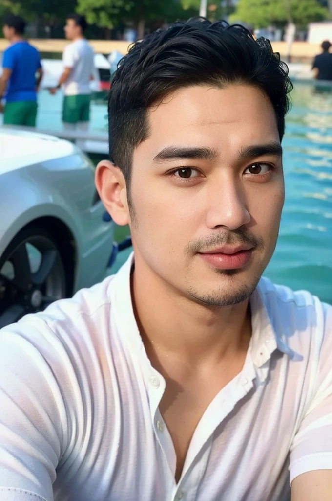 Masterpiece, best quality High resolution, realistic, handsome, beautifully photographed, syahnk SFW, 35 year old portrait. (man: 1.5) Military press, amazing weight, short buzzcut hair, stubby head. , (too much muscle ),look at the viewer,Flirting with the camera,charming (Tight white shirt ),(GS-Masculine:1), 8K UHD , standing in the sea