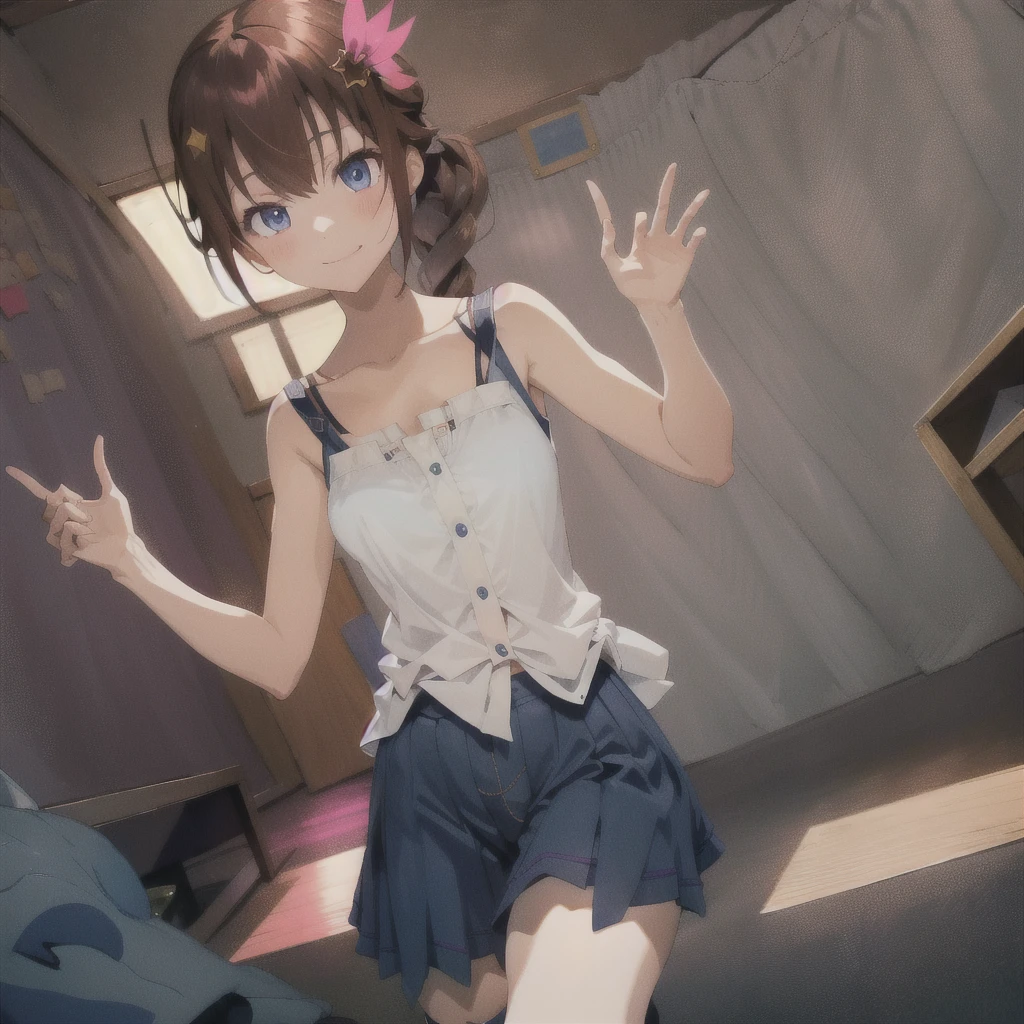 One person***, tokino sora, Brown Hair, Long Hair, blue eyes, White shirt, Cropped shirt, Sleeveless shirt, Blue Vest, Blue Skirt, hair ornaments, Red hair ribbon, Thigh ribbon, Knee socks, Wrist cuff, indoor, room, smile, Open your mouth, Large Breasts, , slender waist, (masterpiece),(Highest quality),(Super detailed),(Best illustrations),(Best Shadow),(Absurd),(Detailed Background),(so beautiful), 16K, 8K, 4K,(Best Shadow), (so beautiful), One person, alone,  , , , fluorescent pink eyes, , , , Oculogyric crisis, low twintails, empty eyes, blank eyes, Perfect figure, , paw pose, Arched back, , , orgasm, afterglow, erotic smile, , , Open your mouth languidly, A sex slave who fawns over her master, , Brainwashing complete, Sexy posture, dynamic pose, , cross-eyed, rolling eyes, , water eyes, tears, , tongue out, Put your chest close, , , saliva trail, , shiny skin, Illegal drugs, , urge, , torogao, ahegao, BREAK, , Dramatic lighting, , , night, , , Torrent of Light, mysterious, spoken heart,