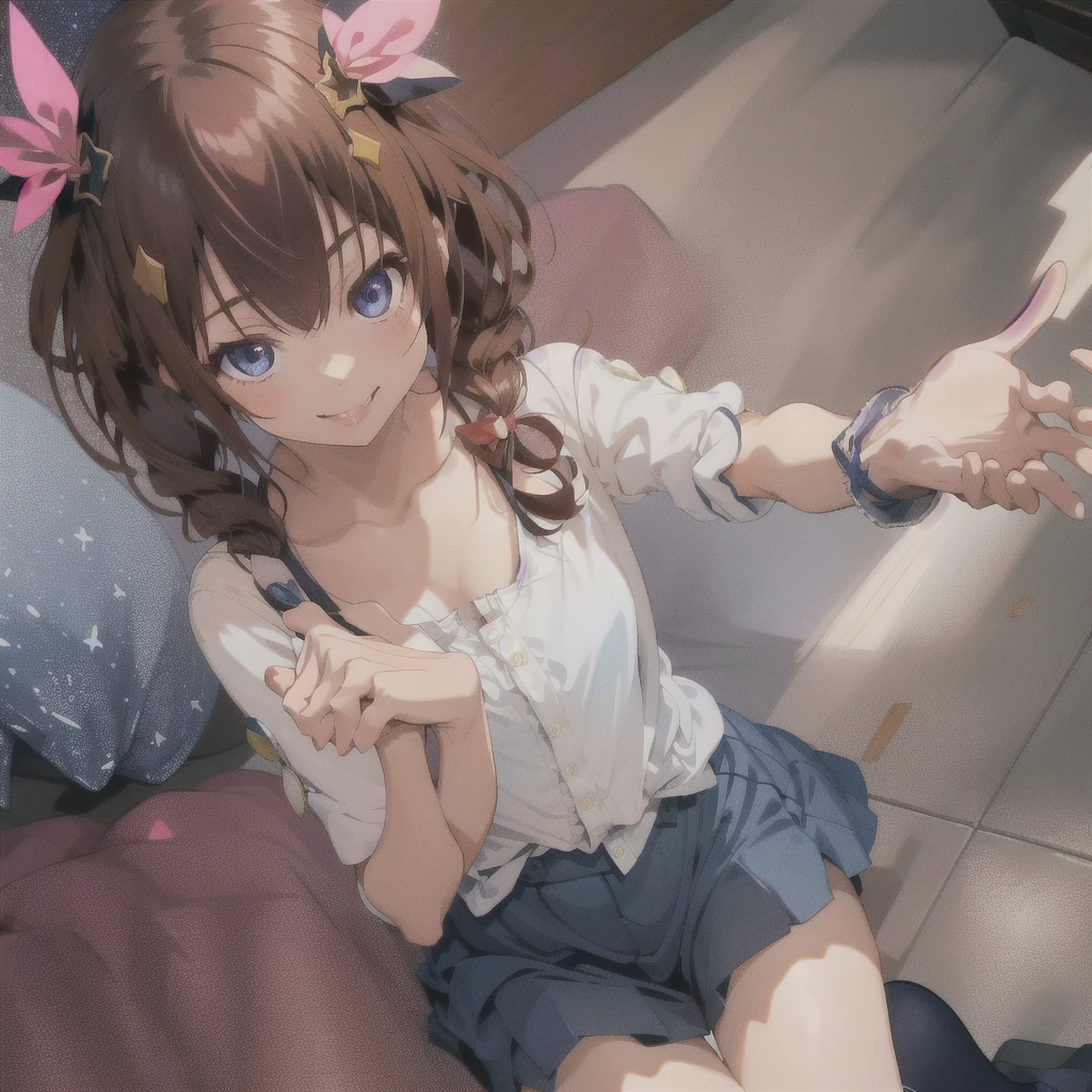 One person女の子, tokino sora, Brown Hair, Long Hair, blue eyes, White shirt, Cropped shirt, Sleeveless shirt, Blue Vest, Blue Skirt, hair ornaments, Red hair ribbon, Thigh ribbon, Knee socks, Wrist cuff, indoor, room, smile, Open your mouth, Large Breasts, , slender waist, (masterpiece),(Highest quality),(Super detailed),(Best illustrations),(Best Shadow),(Absurd),(Detailed Background),(so beautiful), 16K, 8K, 4K,(Best Shadow), (so beautiful), One person, alone,  , , , fluorescent pink eyes, , , , Oculogyric crisis, low twintails, empty eyes, blank eyes, Perfect figure, , paw pose, Arched back, , , orgasm, afterglow, erotic smile, , , Open your mouth languidly, A sex slave who fawns over her master, , Brainwashing complete, Sexy posture, dynamic pose, , cross-eyed, rolling eyes, , water eyes, tears, , tongue out, Put your chest close, , , saliva trail, , shiny skin, Illegal drugs, , urge, , torogao, ahegao, BREAK, , Dramatic lighting, , , night, , , Torrent of Light, mysterious, spoken heart,