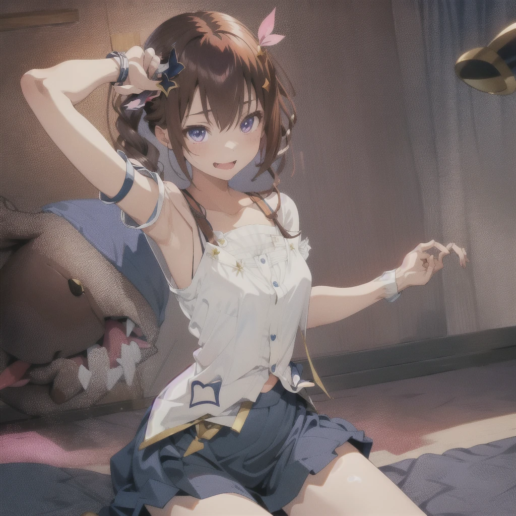 One person***, tokino sora, Brown Hair, Long Hair, blue eyes, White shirt, Cropped shirt, Sleeveless shirt, Blue Vest, Blue Skirt, hair ornaments, Red hair ribbon, Thigh ribbon, Knee socks, Wrist cuff, indoor, room, smile, Open your mouth, Large Breasts, , slender waist, (masterpiece),(Highest quality),(Super detailed),(Best illustrations),(Best Shadow),(Absurd),(Detailed Background),(so beautiful), 16K, 8K, 4K,(Best Shadow), (so beautiful), One person, alone,  , , , fluorescent pink eyes, , , , Oculogyric crisis, low twintails, empty eyes, blank eyes, Perfect figure, , paw pose, Arched back, , , orgasm, afterglow, erotic smile, , , Open your mouth languidly, A sex slave who fawns over her master, , Brainwashing complete, Sexy posture, dynamic pose, , cross-eyed, rolling eyes, , water eyes, tears, , tongue out, Put your chest close, , , saliva trail, , shiny skin, Illegal drugs, , urge, , torogao, ahegao, BREAK, , Dramatic lighting, , , night, , , Torrent of Light, mysterious, spoken heart,