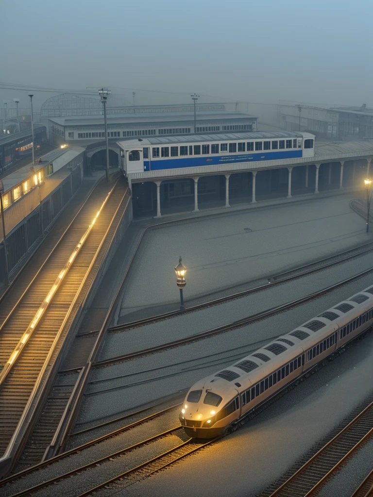 Train station with dense fog on the platform