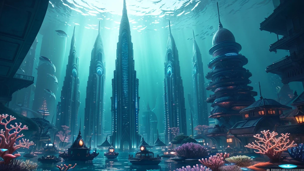 A fantastical and serene deep-sea city. Viewed from the ocean floor looking up towards the water surface. The city is very large with futuristic buildings, domes, and spires. Completely submerged in clear blue and pink water. The scene has a tranquil and calming atmosphere. Soft glowing lights illuminate the city. The water surface above glitters with sunlight, creating beautiful patterns. The city emits a quiet, artificial light. Surrounded by vibrant marine life and coral formations. The water is deeper, adding to the mysterious and serene feeling. The image is high-resolution, realistic, and in 4K. Capturing the enchanting beauty of the underwater city.