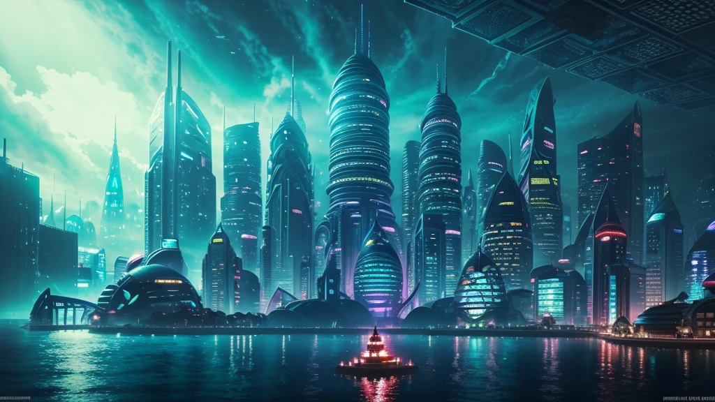 A fantastical and serene deep-sea city. Viewed from the ocean floor looking up towards the water surface. The city is very large with futuristic buildings, domes, and spires. Completely submerged in clear blue and pink water. The scene has a tranquil and calming atmosphere. Soft glowing lights illuminate the city. The water surface above glitters with sunlight, creating beautiful patterns. The city emits a quiet, artificial light. Surrounded by vibrant marine life and coral formations. The water is deeper, adding to the mysterious and serene feeling. The image is high-resolution, realistic, and in 4K. Capturing the enchanting beauty of the underwater city.