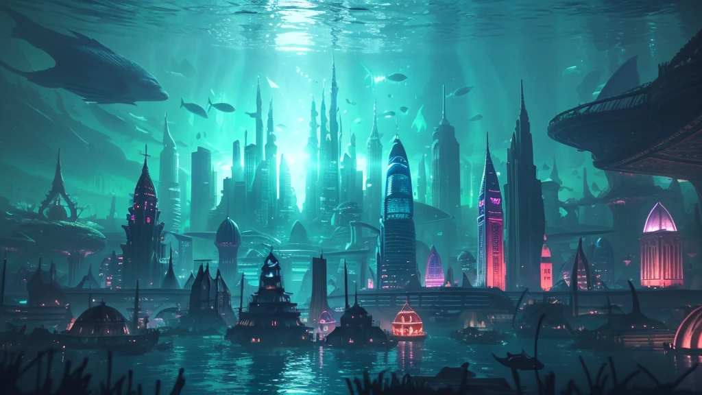 A fantastical and serene deep-sea city. Viewed from the ocean floor looking up towards the water surface. The city is very large with futuristic buildings, domes, and spires. Completely submerged in clear blue and pink water. The scene has a tranquil and calming atmosphere. Soft glowing lights illuminate the city. The water surface above glitters with sunlight, creating beautiful patterns. The city emits a quiet, artificial light. Surrounded by vibrant marine life and coral formations. The water is deeper, adding to the mysterious and serene feeling. The image is high-resolution, realistic, and in 4K. Capturing the enchanting beauty of the underwater city.