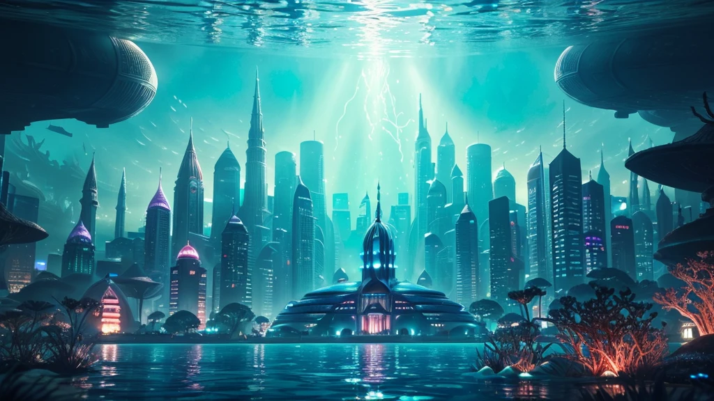 A fantastical and serene deep-sea city. Viewed from the ocean floor looking up towards the water surface. The city is very large with futuristic buildings, domes, and spires. Completely submerged in clear blue and pink water. The scene has a tranquil and calming atmosphere. Soft glowing lights illuminate the city. The water surface above glitters with sunlight, creating beautiful patterns. The city emits a quiet, artificial light. Surrounded by vibrant marine life and coral formations. The water is deeper, adding to the mysterious and serene feeling. The image is high-resolution, realistic, and in 4K. Capturing the enchanting beauty of the underwater city.