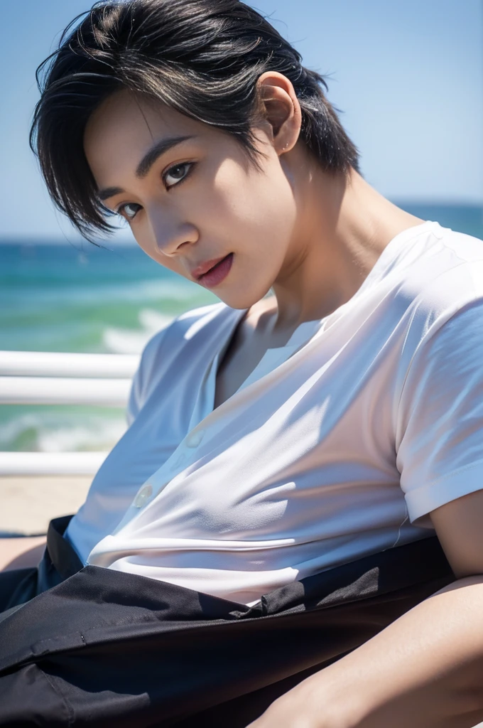 young asian man in a black polo shirt sitting on the grass with a serious expression, looking into the distance Turn your head slightly.,daytime (Create a masterpiece: 1.2),(CGI art:1.3),(realistic:1.5),(After processing:1.3), (Sharp focus:1.3), 1 man, open mouth, smile, (shirt:1.5), Navy cargo pants, Korean guy , korean men, (High gloss details), chest muscles, large arm muscles, blood vessel, Big muscles, Broad shoulders, looking at the audience, Balancing the eyes, seaside beach sunshine looking at the sea