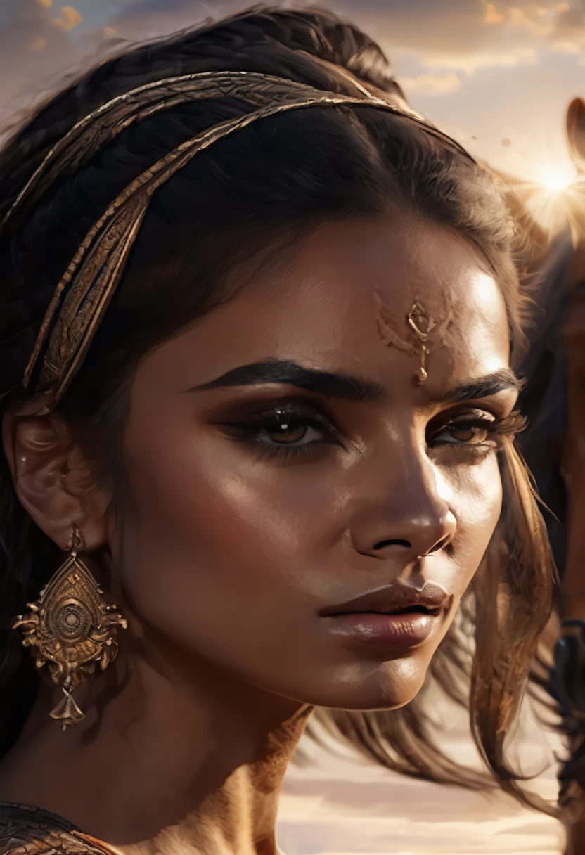 a woman of Persian descent, beautiful detailed face, beautiful detailed eyes, beautiful detailed lips, long flowing hair, warrior, riding a horse, desert landscape, dramatic sunset, intricate detailed armor, highly detailed, photorealistic, 8k, masterpiece, vibrant colors, warm lighting, cinematic composition