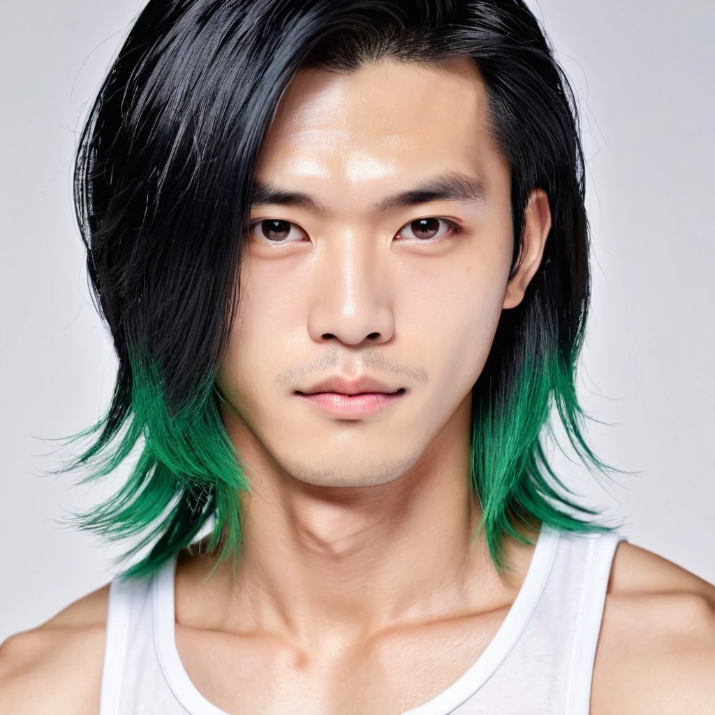 (best quality, masterpiece), 1 boy, (Simple white background: 1.2), black and green hair, Chinese handsome guy, Upper Body, ID photo, close up, Long hair,