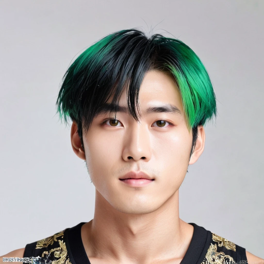 (best quality, masterpiece), 1 boy, (Simple white background: 1.2), black and green hair, Chinese handsome guy, Upper Body, ID photo, close up, Long hair,