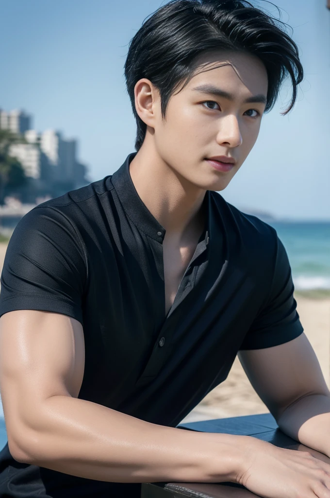 young asian man in a black polo shirt sitting on the grass with a serious expression, looking into the distance Turn your head slightly.，daytime (Create a masterpiece: 1.2),(CGI art:1.3),(realistic:1.5),(After processing:1.3), (Sharp focus:1.3), 1 man, open mouth, smile, (shirt:1.5), Navy cargo pants, Korean guy , korean men, (High gloss details), chest muscles, large arm muscles, blood vessel, Big muscles, Broad shoulders, looking at the audience, Balancing the eyes, seaside beach sunshine looking at the sea