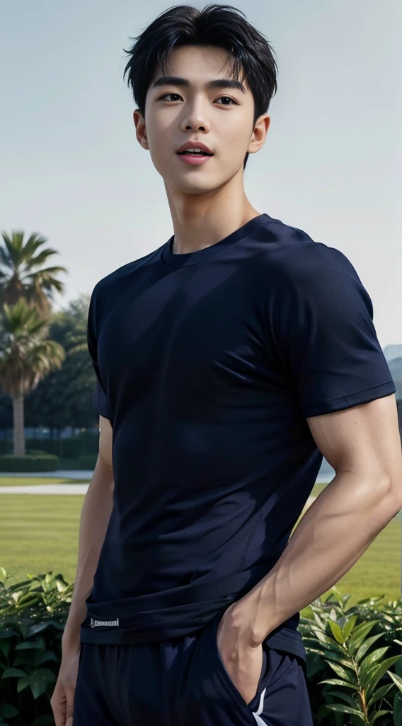 (As a matter of fact, Masterpiece, 8k HD, good light quality, sportswear, fit the face, complicated details), A handsome, muscular young Korean man. ,(Broad shoulders:1.3), 20 years old, be happy, smile brightly, detailed face, delicate eyes, มองดูsky, (Wear a navy tight T-shirt.:1.6), period, black eyes, Black hair color, ผมsmooth, smooth, outdoor sports, Along the garden, Sunny,sky,Surreal,Awesome details,Highest quality,real,(open mouth:1.5)(As a matter of fact, Masterpiece, 8k HD, good light quality, sportswear, fit the face, complicated details), A handsome, muscular young Korean man. ,(Broad shoulders:1.3), 20 years old, be happy, smile brightly, detailed face, delicate eyes, มองดูsky, (Wear a navy tight T-shirt.:1.6), period, black eyes, Black hair color, ผมsmooth, smooth, outdoor sports, Along the garden, Sunny,sky,Surreal,Awesome details,Highest quality,real