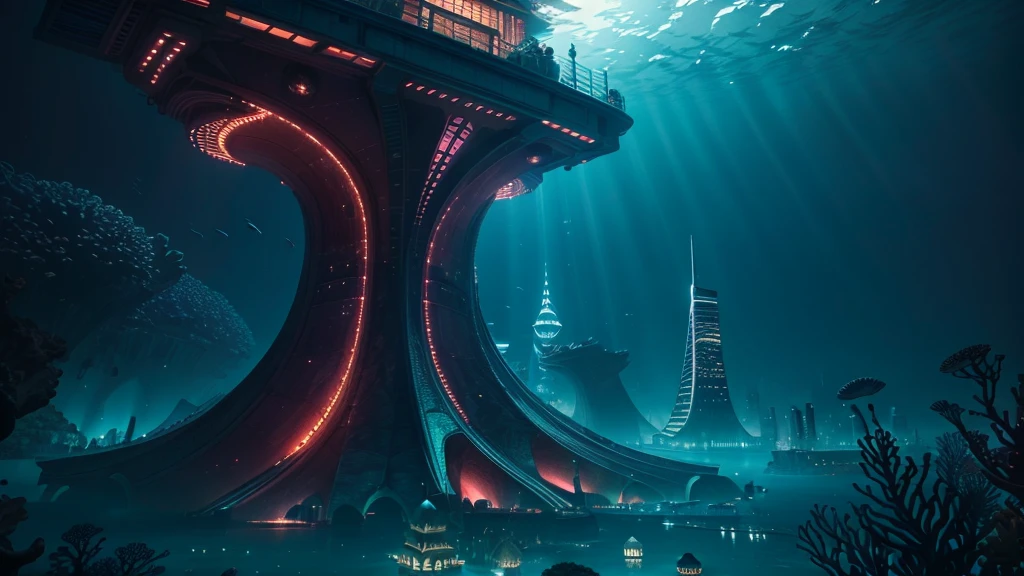 A fantastical and serene deep-sea city. Viewed from the ocean floor looking up towards the water surface. The city is very large with futuristic buildings, domes, and spires. Completely submerged in clear blue and pink water. The scene has a tranquil and calming atmosphere. Soft glowing lights illuminate the city. The water surface above glitters with sunlight, creating beautiful patterns. The city emits a quiet, artificial light. Surrounded by vibrant marine life and coral formations. The water is deeper, adding to the mysterious and serene feeling. The image is high-resolution, realistic, and in 4K. Capturing the enchanting beauty of the underwater city.