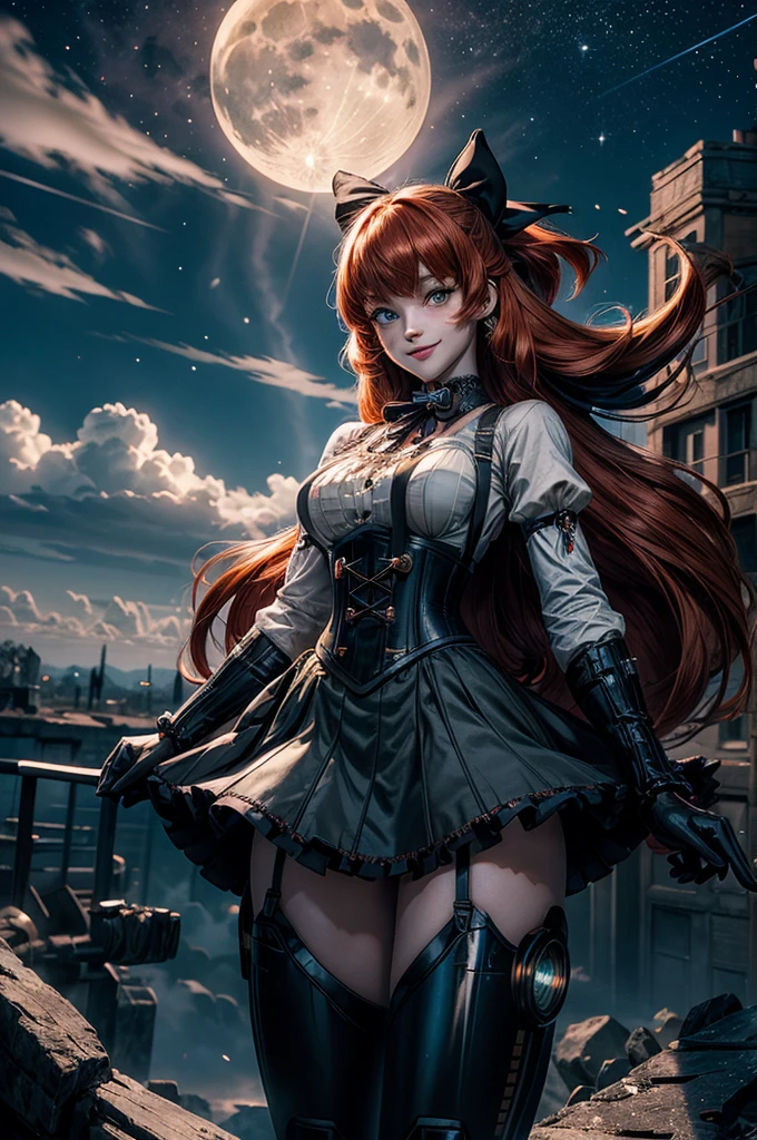night, moon, stars, cowboy shot, (dynamic pose), smile, underbust, Penny Polendina, long red hair, neck ribbon, suspender skirt, corset, black bow, white blouse, mechanical legs, neon trim, flying in the air, blue sky, clouds (volumetric lighting), intricate details, tonemapping, sharp focus, hyper detailed