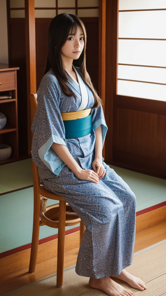 Highest quality, 8K, Representative works in detail, Ultra-high resolution)), whole bodyポートレート、Frontal portrait、indoor、indoor、Japanese women,Age 25、barefoot、Stand up straight、whole body、whole bodyを撮影する、whole bodyの画像、whole bodyポートレート、profile image、coastal、Tatami room、Sitting in a chair、wear Kimono、Long Straight Hair