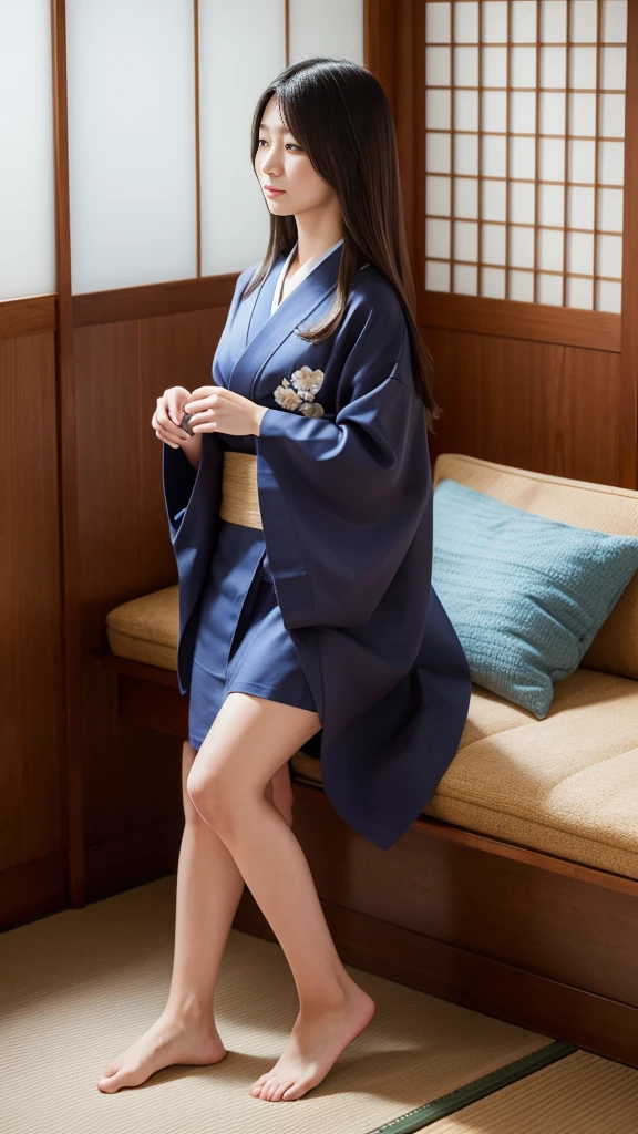 Highest quality, 8K, Representative works in detail, Ultra-high resolution)), whole bodyポートレート、Frontal portrait、indoor、indoor、Japanese women,Age 25、barefoot、Stand up straight、whole body、whole bodyを撮影する、whole bodyの画像、whole bodyポートレート、profile image、coastal、Tatami room、Sitting in a chair、wear Kimono、Long Straight Hair