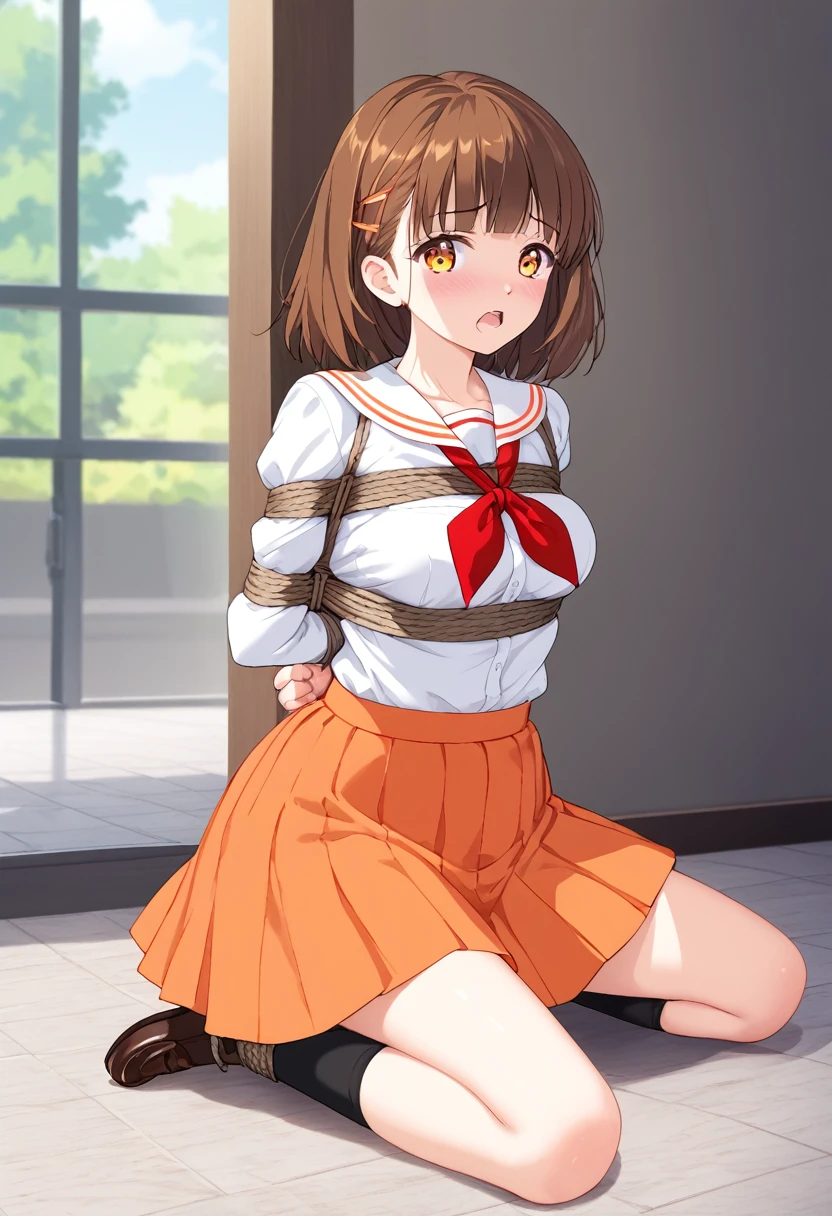 A very beautiful woman, orange skirt, tied up, kneeling, anime, pastel