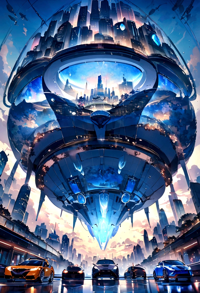 SF Book Town,Cars fly in the sky,The feeling of a sky city,Spaceship,Blue Drop,Kilo