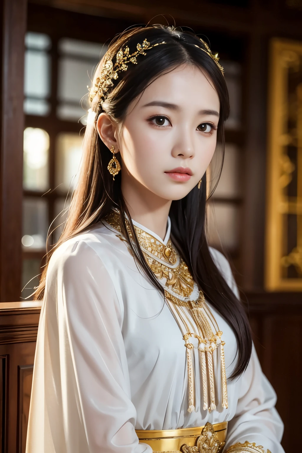 16:9 - 4k, High-resolution, Photorealistic, Detailed CG, Masterpiece, Ancient era, Young woman, Thailand, Traditional attire, Standing and waiting, Gazing at the camera, Ethereal aesthetic, Luminescent lighting, Golden details, Authentic textures, Delicate facial features, Revealing backdrop, Vivid colors, Rich history, Hand gestures, Cultural nuances, Patient expression, Time-honored setting.
