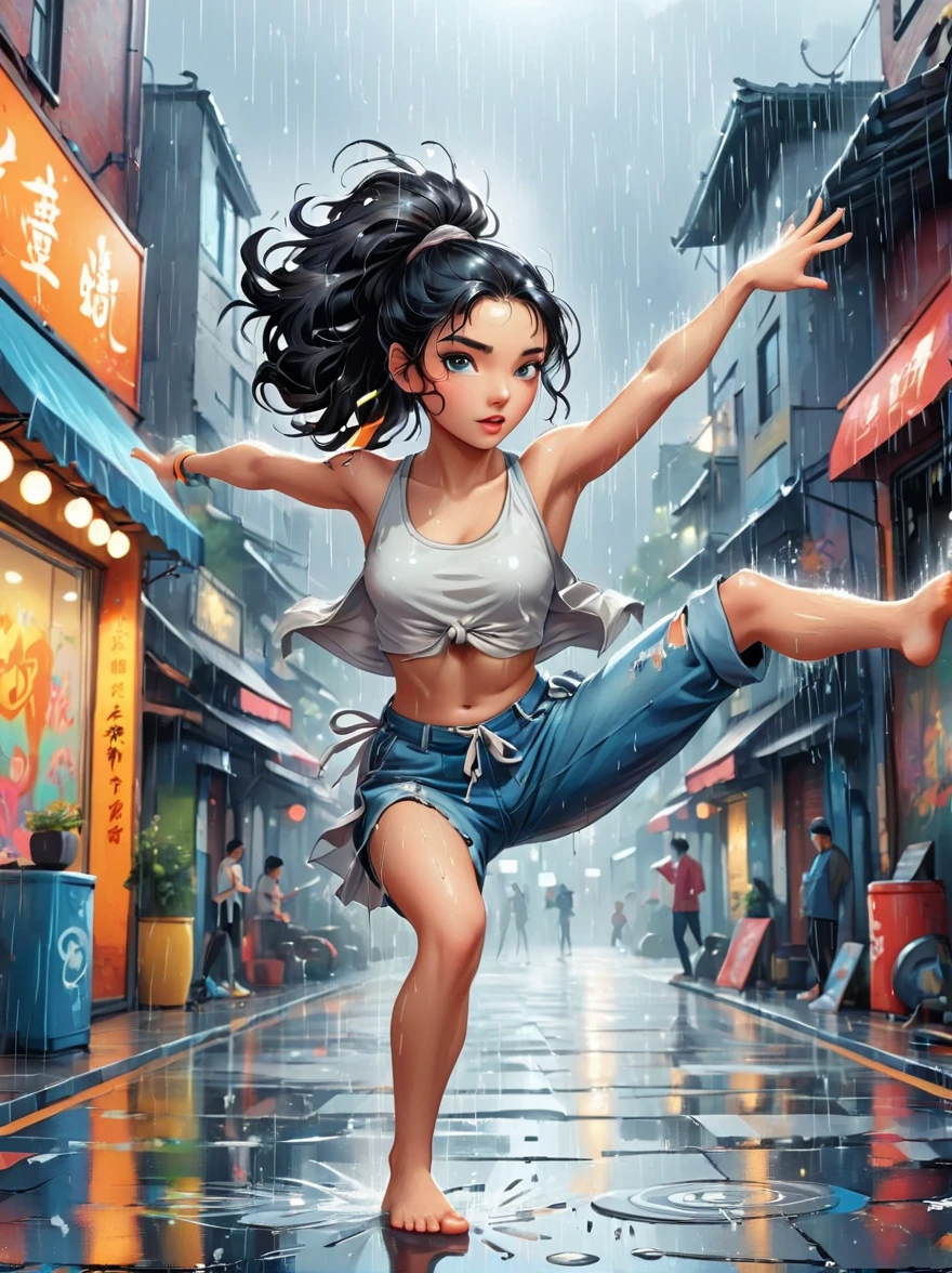 Cartoon illustration，Vector illustration，A girl full of energy，Showing off her breakdancing skills on a graffiti-covered urban dance floor，((beautiful eyes))，((Perfect and refined limbs))，She was barefoot，Loose and comfortable clothes，Perfect for dancing，Her black hair was tied into a high ponytail.，One hand rotation，Spin your feet in the air，(heavy rain:1.5)，(The scene is filled with cold rain)，The audience was impressed，She performed a complex move with ease.，The energy she captures is palpable，The air is filled with the rhythm of street music，(masterpiece，Best quality:1.2)，lifelike，Reality，梦幻般的Light芒，错综复杂的detail，Ultra Detailed，detail，High contrast，美丽细致的Light芒，Bright，更多detail，精细发Light，very fine 8K CG wallpaper，Depth of Field，Abuse of color difference，Soft colors，非常精致的Light线，眩Light，Light，Light粒子，reflection