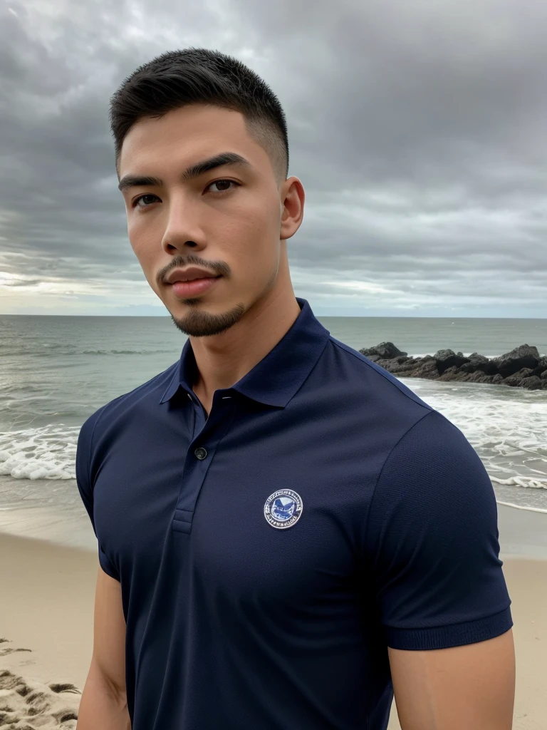 Tony Labrusca, Young man in a navy blue polo shirt Standing by the sea with an expression, looking into the distance Turn your head slightly.,Cloudy day,