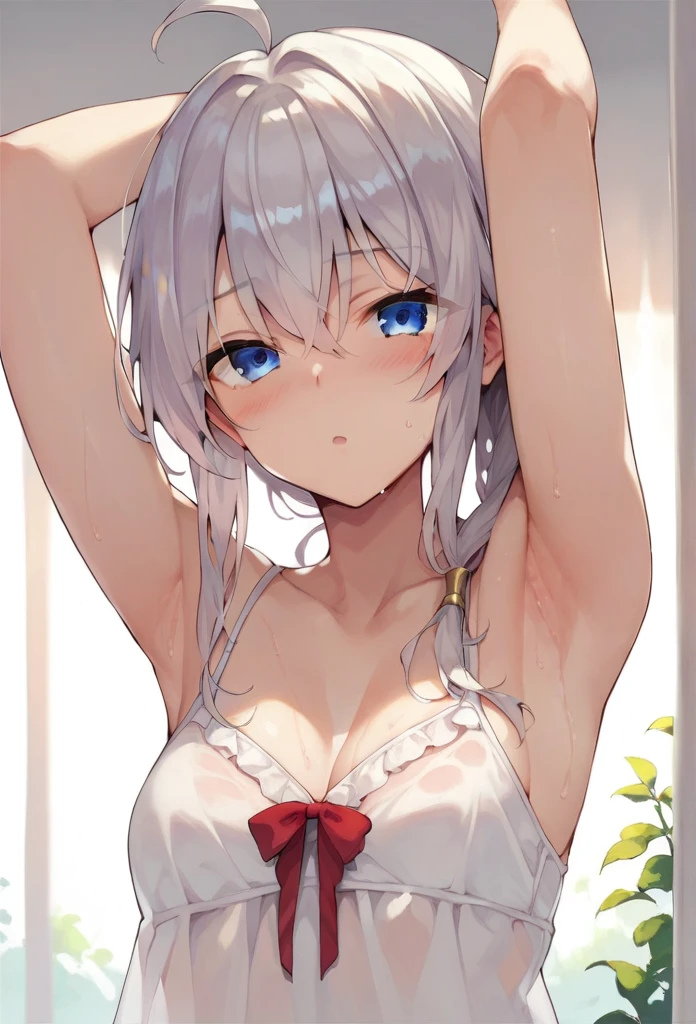 score_9, score_8_up, score_7_up, 1girl, solo,  elaina,  nightgown, spaghetti strap,  upper body, open mouth, looking at viewer, day, blush, armpits, sweat, arms up