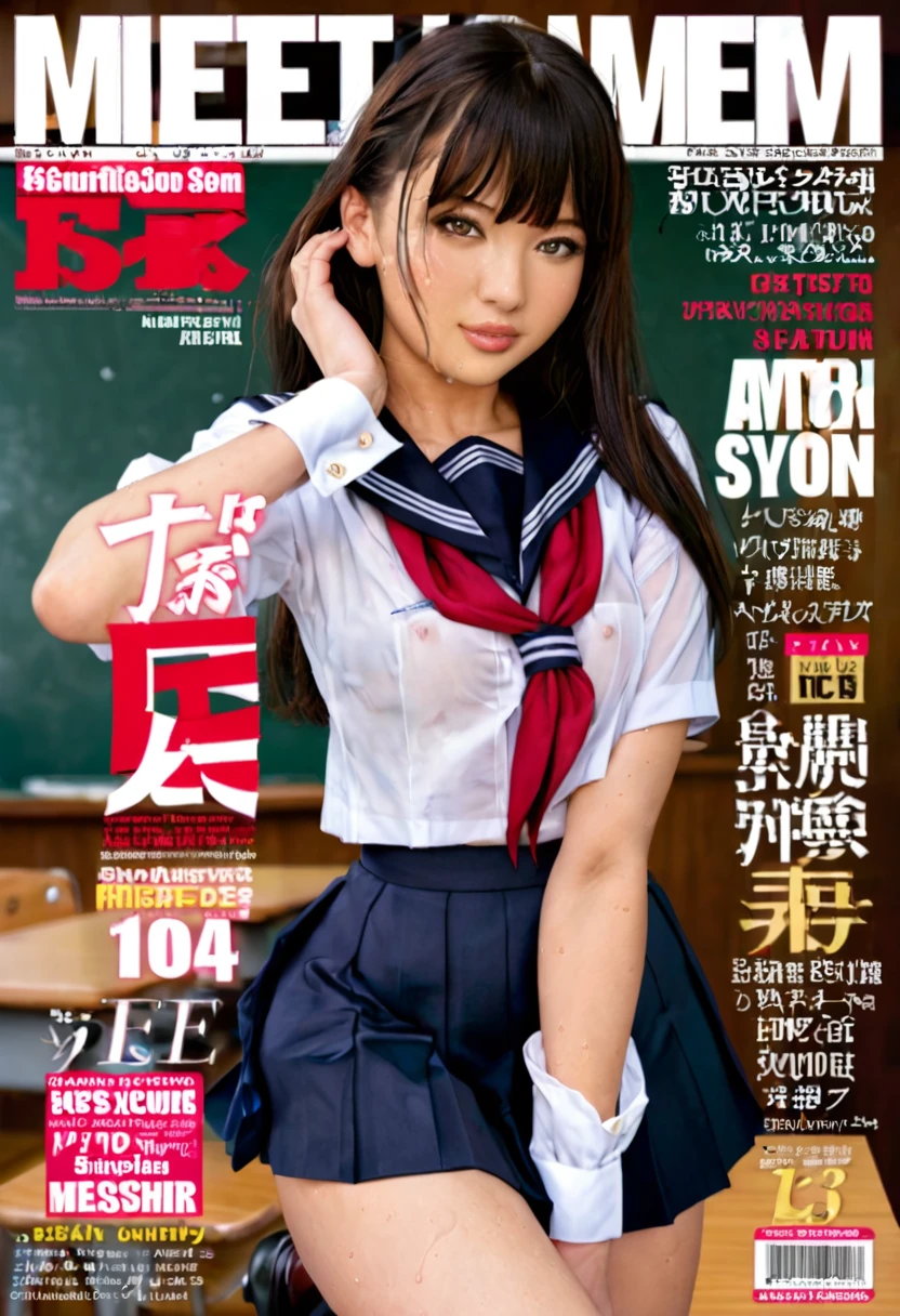 Magazine cover，Long hair，,Beautiful sexy woman(Wear a school uniform),,(Smooth skin),E7E48U，Small Breasts，Sweating all over