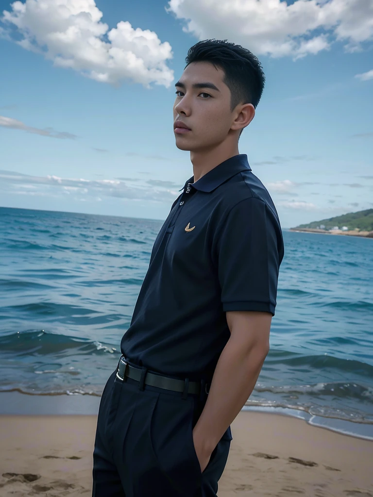 Tony Labrusca, Young man in a navy blue polo shirt Standing by the sea with an expression, looking into the distance Turn your head slightly.,Cloudy day,
