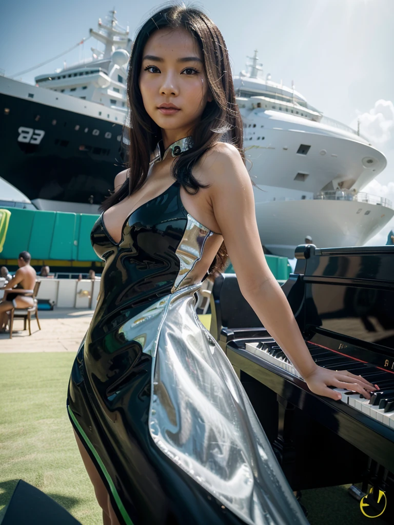   selfie, Chinese people,  calm face, 1 woman playing the piano wearing a futuristic party dress electric white gold black background in front of the royal carribean ship and lime green beach and the royal carribean ship,  full HD, 16k, high contrast, high saturation, hyper realistic photos, good light, Nice face and very detailed