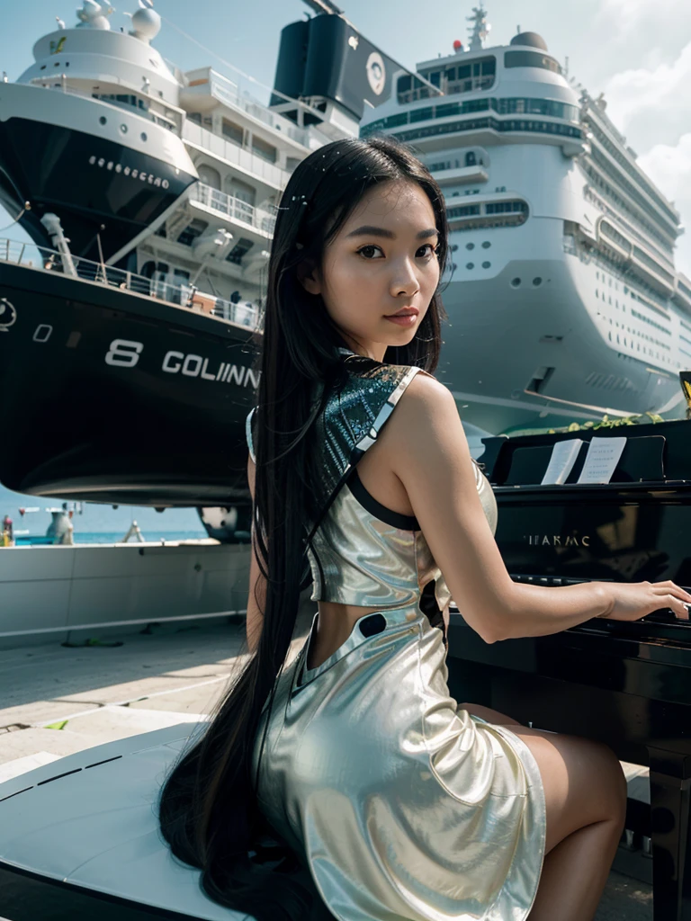   selfie, Chinese people,  calm face, 1 woman playing the piano wearing a futuristic party dress electric white gold black background in front of the royal carribean ship and lime green beach and the royal carribean ship,  full HD, 16k, high contrast, high saturation, hyper realistic photos, good light, Nice face and very detailed