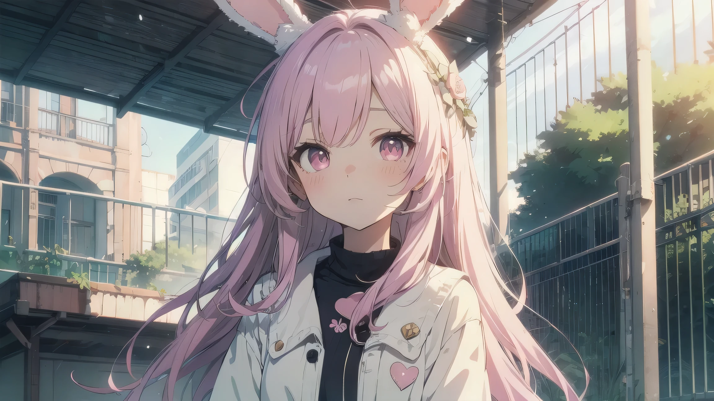 Highest quality, pretty girl, pastel colour, Fluffy bunny ears, Pink long hair,Pale pink eyes,Chill Pop,Lo-Fi