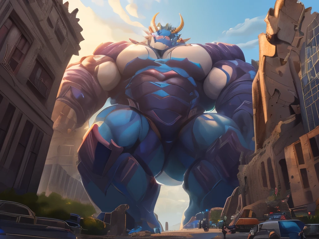 humanoid shark，male，Strong build, blue skin, (glowing eyes: 1.2), (giant sized: 1.6), sitting on a throne, stepping on building, night time, rampage, impact, looking down, evil smile, thick arms, thick thighs, large pecs, (fat pecs: 1.1), (bara pecs: 1.1), macro, (landscape dwarfing: 1.5), city destruction, building destruction, destroyed city, city on fire, (city dwarfing: 1.2), macro, macro size, enormous size, wearing swim trunks, (giant bulge in crotch: 1.3), tight bulge, tiny soldiers running away, dutch angle