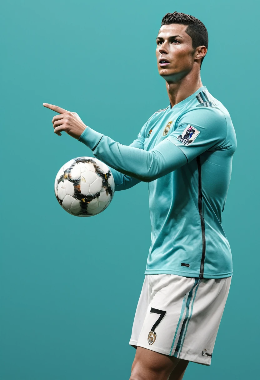 Cristiano Ronaldo. inspired by Eva Gonzalez, best quality, masterpiece, Ultra high detail, 8k. Cyan background